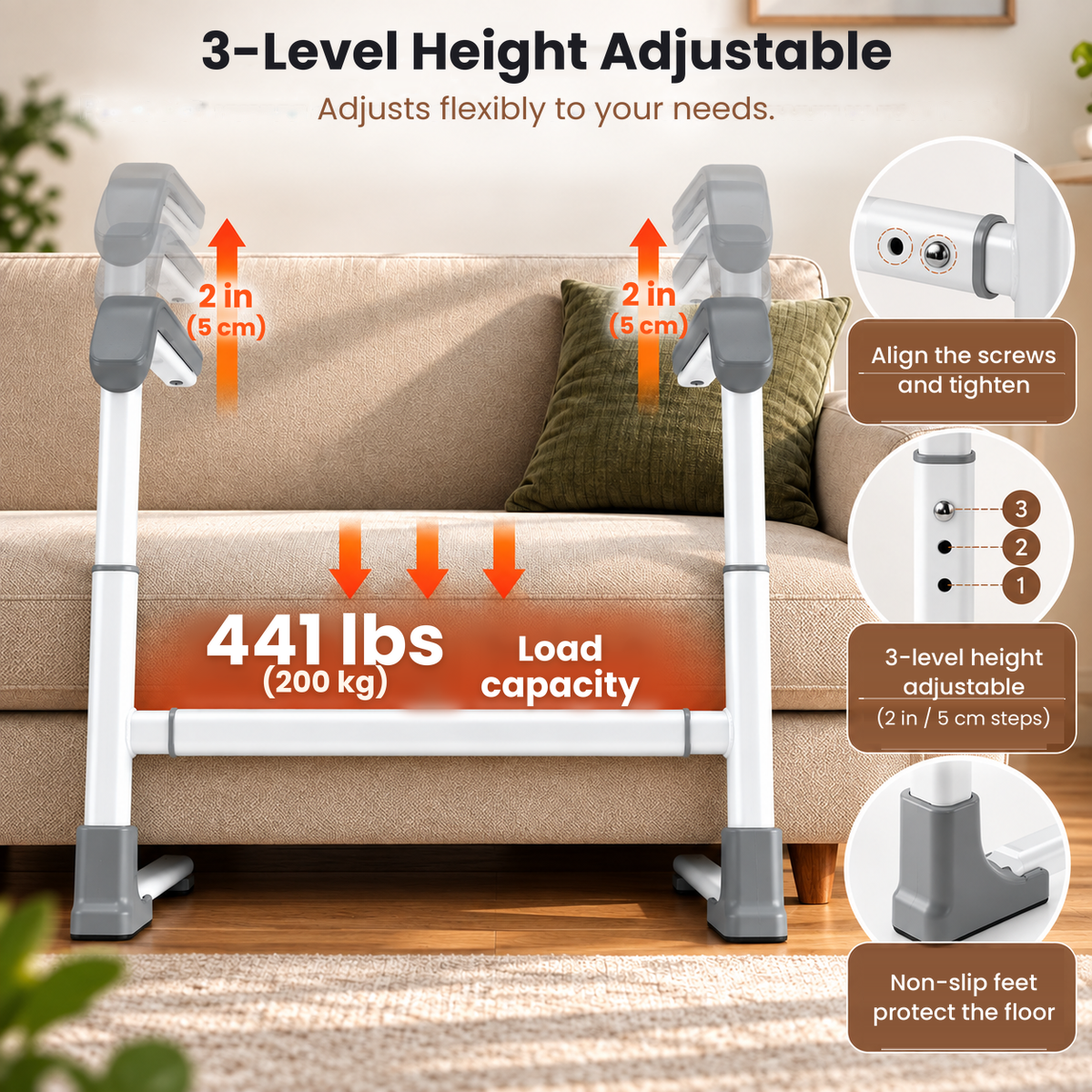 SofaRise standing aid with 3-level height adjustment and 200 kg load capacity