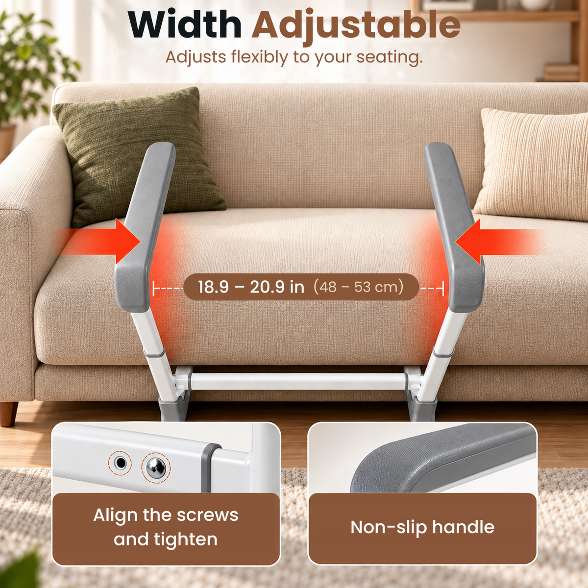 SofaRise standing aid with adjustable width and non-slip handle
